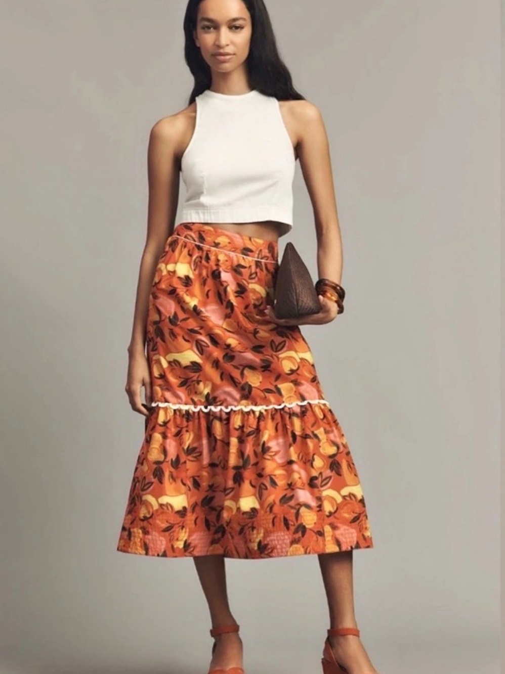 Farm Rio Fall Fruits Midi Skirt Orange, Brown &
Yellow Large NWT